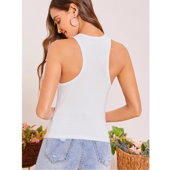 White Tank Top Racerback Round Neck Slim Fit Stretchy Basic - Picture 2 of 7